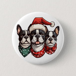Badge Rond 5 Cm Chiens de Noël Boston Terrier