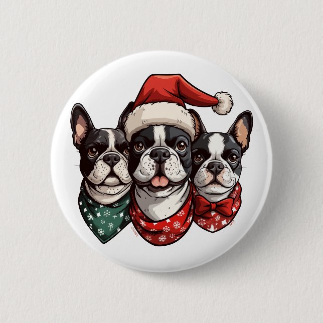 Badge Rond 5 Cm Chiens de Noël Boston Terrier (Devant)