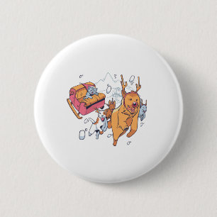 Badge Rond 5 Cm Chiens de Noël et traîneau de chat