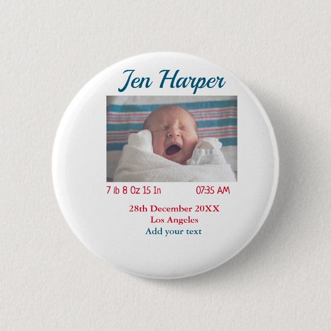 Badge Rond 5 Cm Chiffres de naissance bébé ajouter nom lieu date d (Devant)