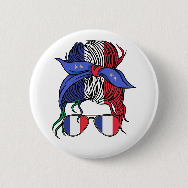 Badge Rond 5 Cm Chignon décoiffé France avec drapeau français (Devant)