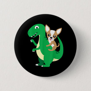 Badge Rond 5 Cm Chihuahua à cheval sur un dinosaure T-Rex Dino Chi