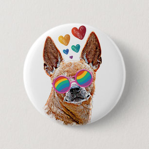 Badge Rond 5 Cm Chihuahua Chien avec Coeurs Saint Valentin