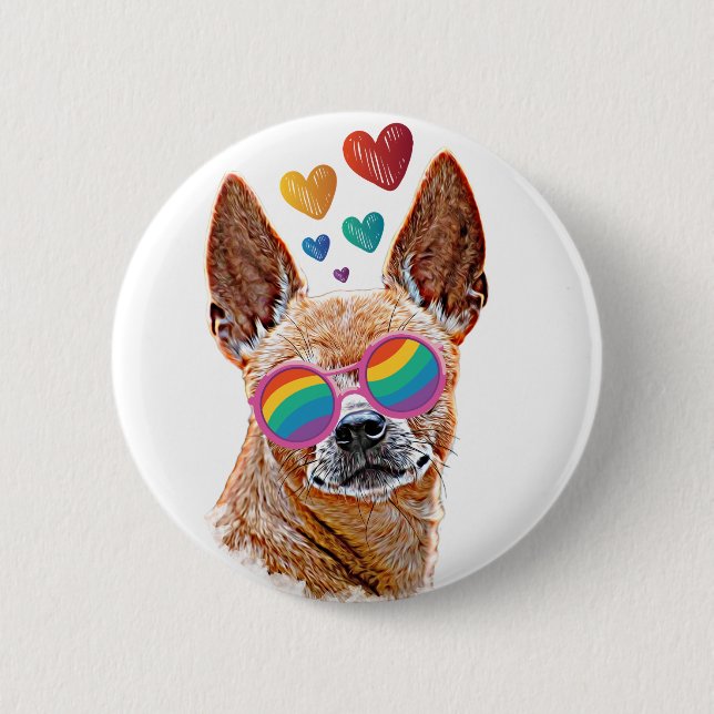 Badge Rond 5 Cm Chihuahua Chien avec Coeurs Saint Valentin (Devant)
