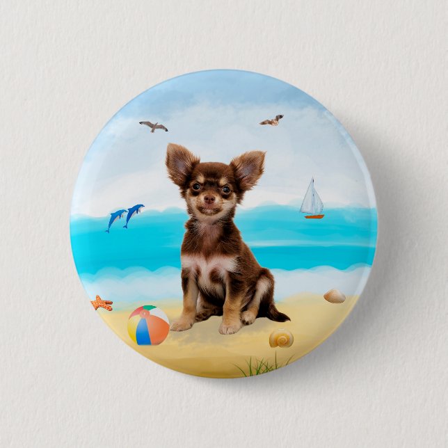 Badge Rond 5 Cm Chihuahua Dog sur la plage (Devant)