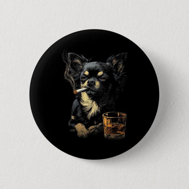 Badge Rond 5 Cm Chihuahua Smoking Cigarette Whisky Lover Funny Dog (Devant)