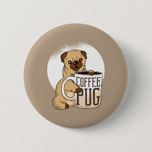 Badge Rond 5 Cm chiot mignon de carlin avec une tasse de café