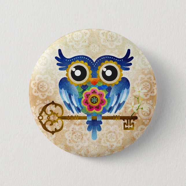 Badge Rond 5 Cm Chouette à clé squelette (Devant)