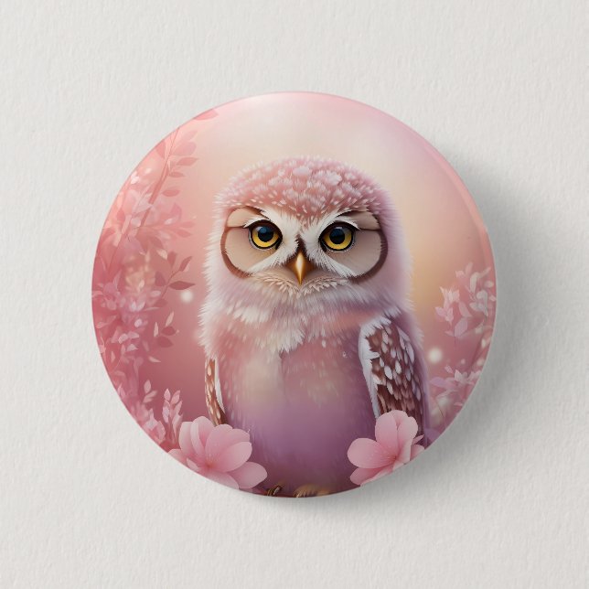 Badge Rond 5 Cm Chouette à terrière rose (Devant)