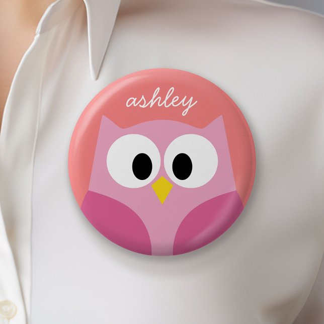 Badge Rond 5 Cm Chouette caricaturale mignonne en rose et corail (Custom Button)