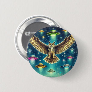 Badge Rond 5 Cm Chouette cosmique - OVNI dans le ciel