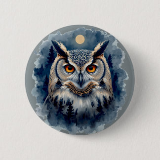 Badge Rond 5 Cm Chouette de Lune Mystique Art Aquarelle | Forêt Cé