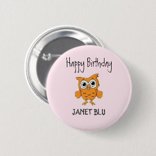 Badge Rond 5 Cm Chouette orange mignonne joyeux anniversaire sur f