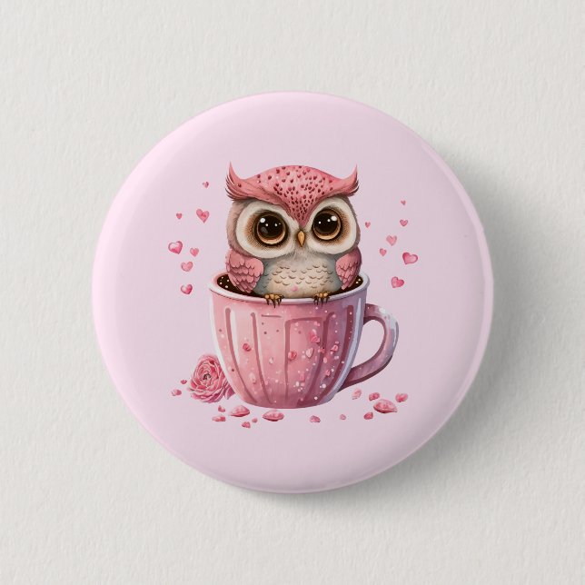 Badge Rond 5 Cm Chouette rose mignonne en coupe (Devant)
