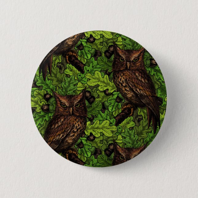 Badge Rond 5 Cm Chouettes dans le chêne, vert et marron (Devant)