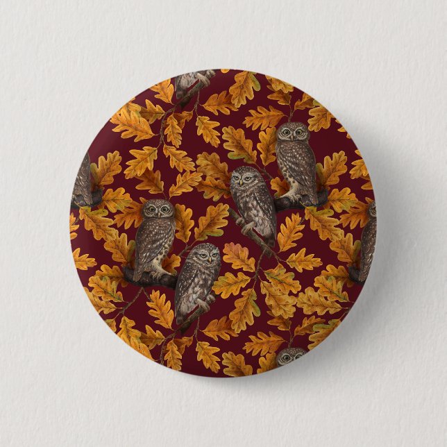 Badge Rond 5 Cm Chouettes d'automne sur rouge foncé (Devant)