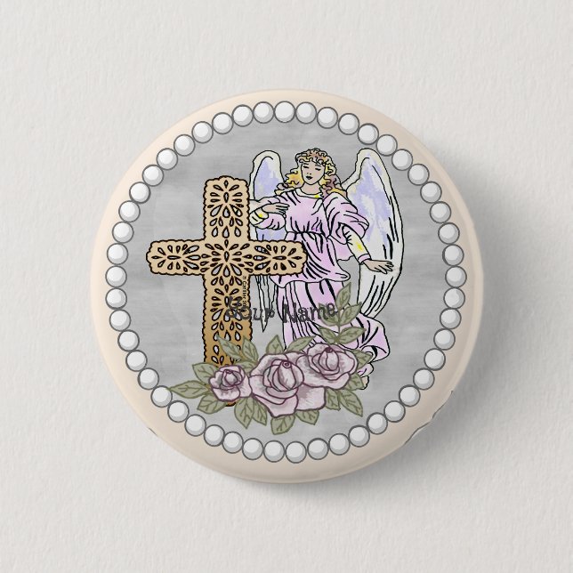 Badge Rond 5 Cm Christian Angel Bouton Croix Rose (Devant)