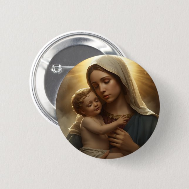 Badge Rond 5 Cm Christian Faith Pin Button | Mother Mary and Jesus (Devant & derrière)