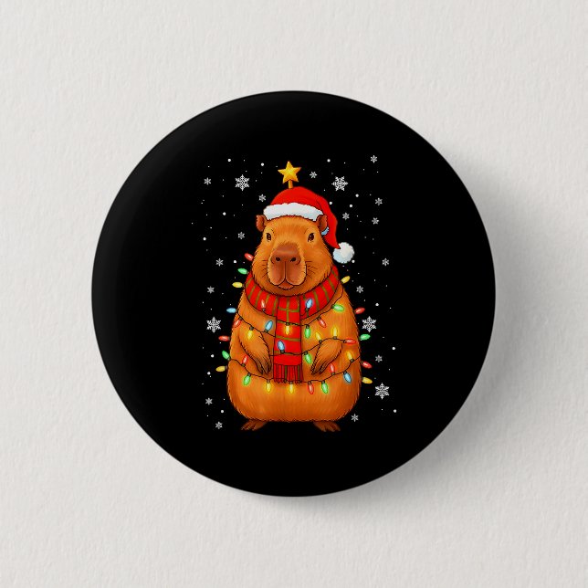 Badge Rond 5 Cm Christmas Capybara With Santa Hat Xmas Lights Tree (Devant)