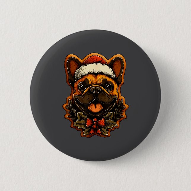 Badge Rond 5 Cm Christmas French Bulldog With Santa Hat Gingerbrea (Devant)