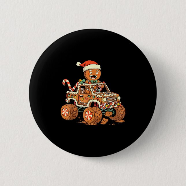 Badge Rond 5 Cm Christmas Gingerbread Man Driving Truck Xmas Light (Devant)