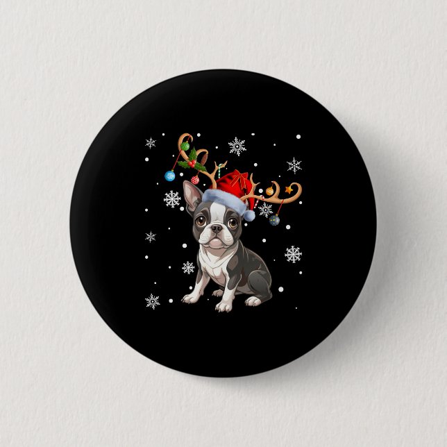Badge Rond 5 Cm Christmas Light Reindeer Santa Hat Boston Terrier  (Devant)
