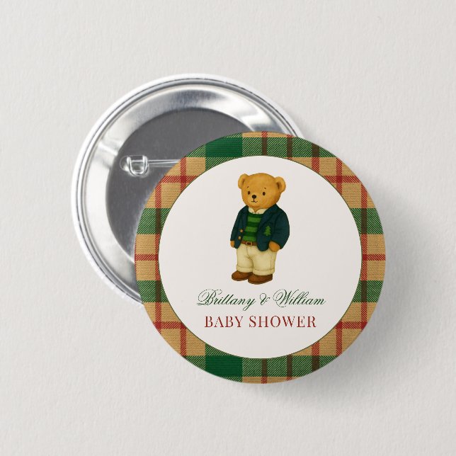 Badge Rond 5 Cm Christmas Plaid Preppy Bear Baby Shower  (Devant & derrière)
