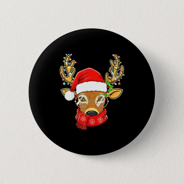 Badge Rond 5 Cm Christmas Reindeer Lights Gles Santa Hat Deer Xmas (Devant)