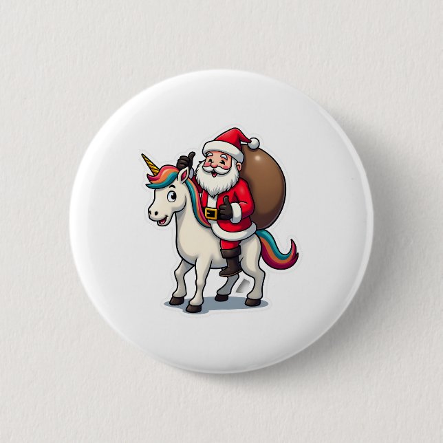 Badge Rond 5 Cm Christmas Santa Claus Riding Unicorn - Xmas Girls  (Devant)