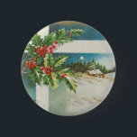 Badge Rond 5 Cm christmas scene holly snow winter artwork<br><div class="desc">An old fashioned Christmas card from around 1910,  it's the perfect home for Christmas scene with a house in the snow and holly decorating the front. Merry Christmas!</div>