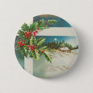 Badge Rond 5 Cm christmas scene holly snow winter artwork