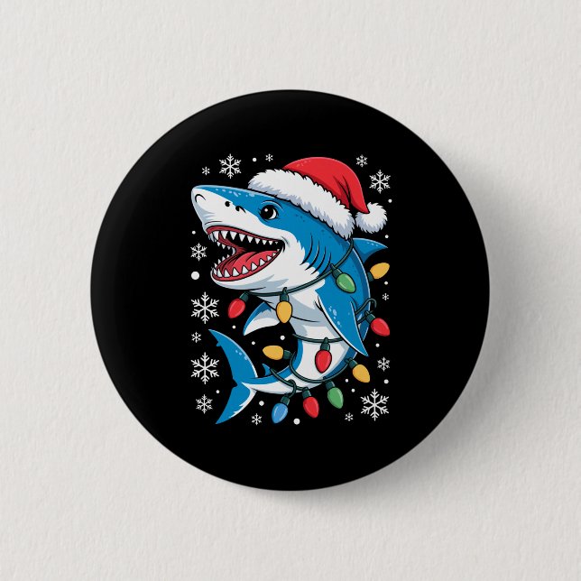 Badge Rond 5 Cm Christmas Shark Santa Hat Wrapped Lights Holiday S (Devant)