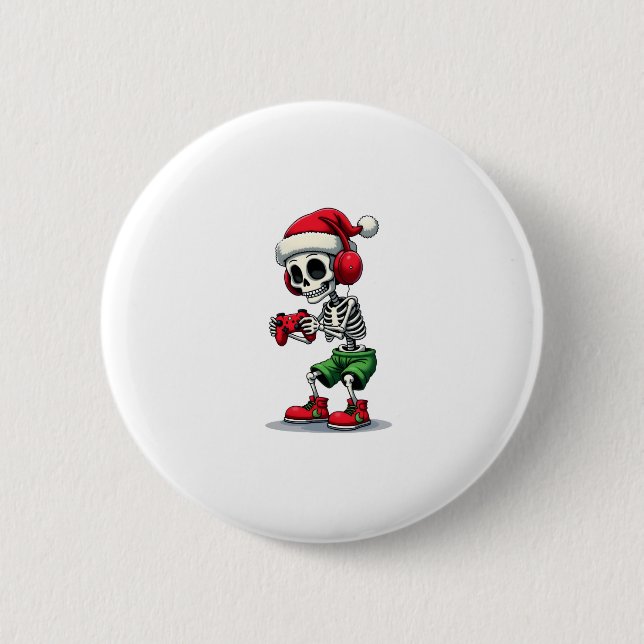 Badge Rond 5 Cm Christmas skeleton Gamer Pajamas xmas skull gaming (Devant)