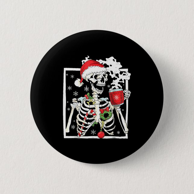 Badge Rond 5 Cm Christmas Skeleton With Smiling Skull Drinking Cof (Devant)
