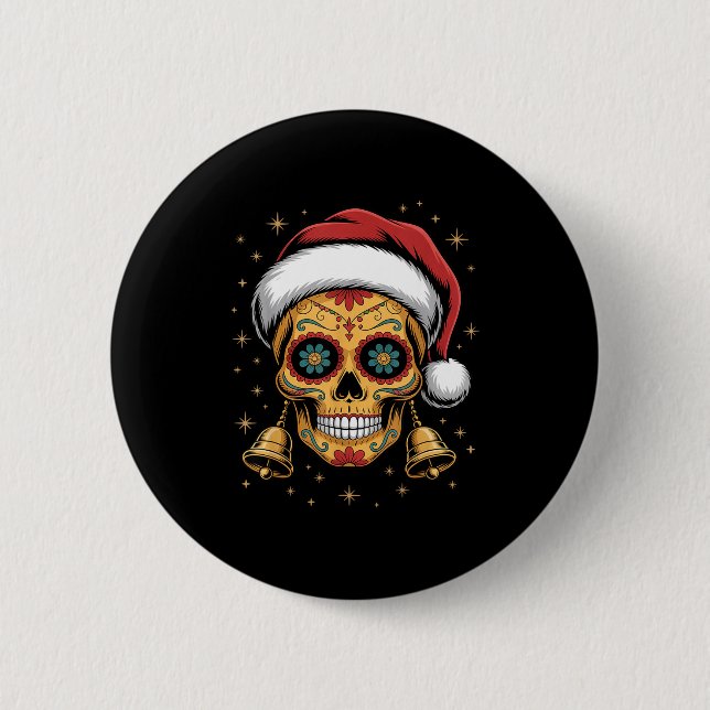Badge Rond 5 Cm Christmas Sugar Skull Art Woman Santa Hat Festive  (Devant)