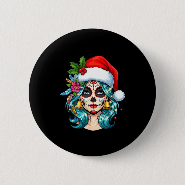 Badge Rond 5 Cm Christmas Sugar Skull Art Woman Santa Hat Festive  (Devant)