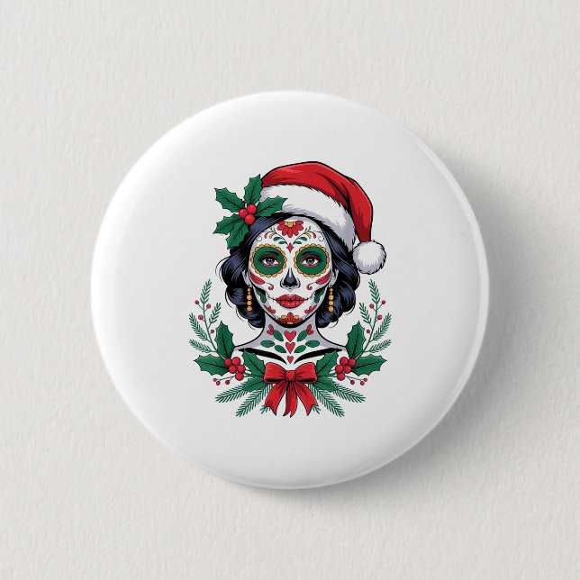 Badge Rond 5 Cm Christmas Sugar Skull Art Woman Santa Hat Festive  (Devant)
