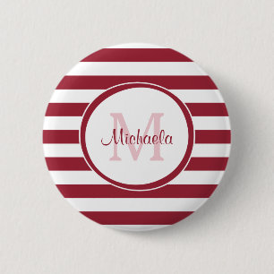 Badge Rond 5 Cm Chunky Deep Red Stripes Simple Monogramme et nom