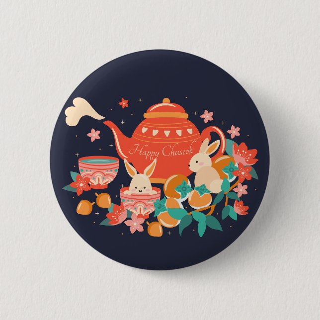 Badge Rond 5 Cm Chuseok Festival de la mi-automne théière et lapin (Devant)