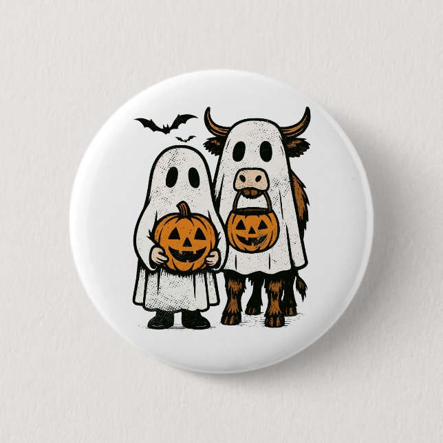 Badge Rond 5 Cm Chute Cute Vache Highland Ghost Halloween (Devant)