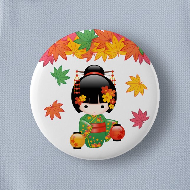 Badge Rond 5 Cm Chute Poupée Kokeshi - Green Kimono Geisha Girl (Créateur téléchargé)