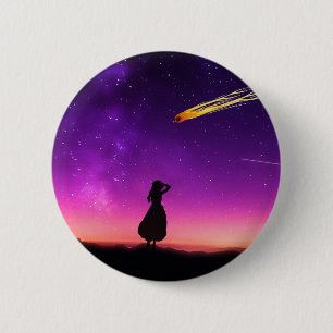 Badge Rond 5 Cm Ciel Nocturne Violet Avec Comète S'Écrasant Vers L