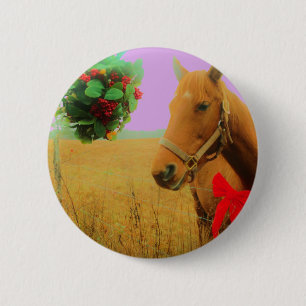 Badge Rond 5 Cm Ciel rose rétro Cheval de Noël