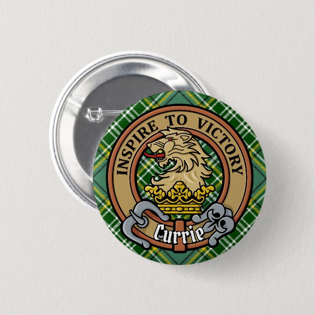 Badge Rond 5 Cm Cimier de lion Clan Currie sur Tartan (Devant & derrière)
