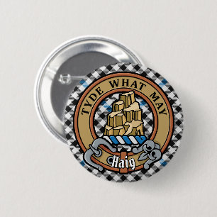 Badge Rond 5 Cm Cimier du clan Haig sur tartan à carreaux