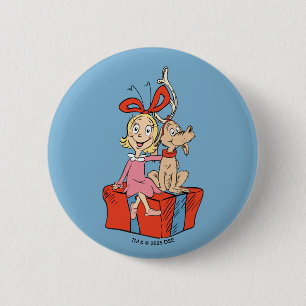 Badge Rond 5 Cm Cindy Lou Who et Max sur un cadeau