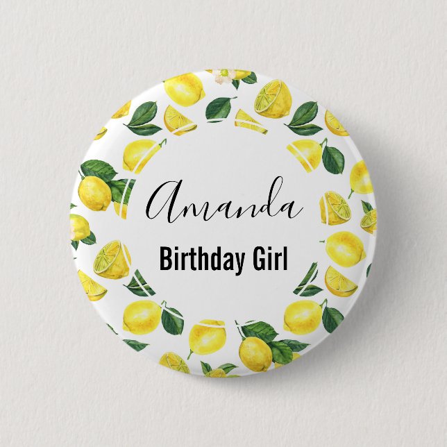 Badge Rond 5 Cm Citrons Jaunes Aquarelle Motif Anniversaire Fille (Devant)