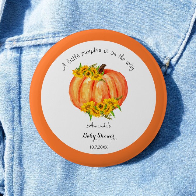 Badge Rond 5 Cm Citrouille Baby shower Orange Blanc Floral (Créateur téléchargé)