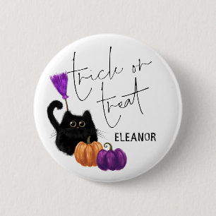 Badge Rond 5 Cm Citrouille de chat Broomstick Halloween Trick Nom