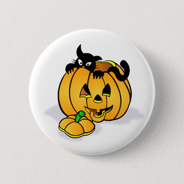 Badge Rond 5 Cm Citrouille d'Halloween avec chat noir (Devant)